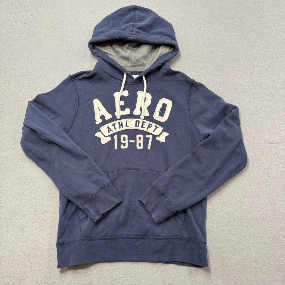 Aeropostale Hoodie Men's Medium Blue Applique Fleece Lined Pullover Sweatshirt